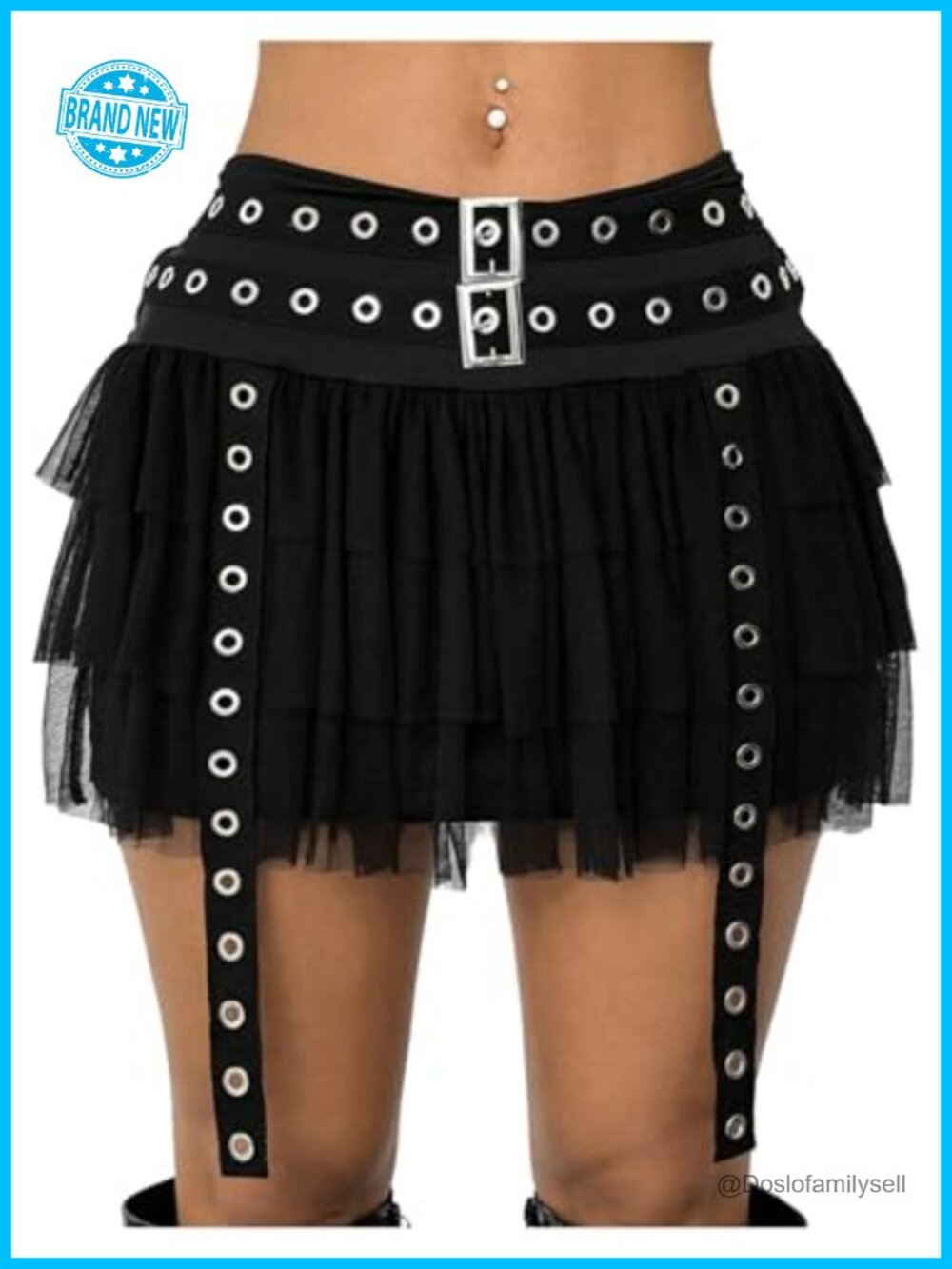 Gothic Punk Tulle Mini Skirt with Buckle Belted Layered Grommet Eyelet